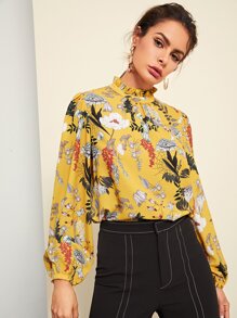 Frilled Neck Botanical Print Top