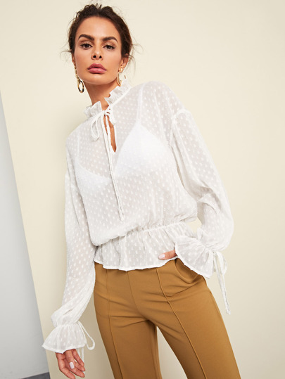 Tie Neck Flounce Semi Sheer Jacquard Top pictures