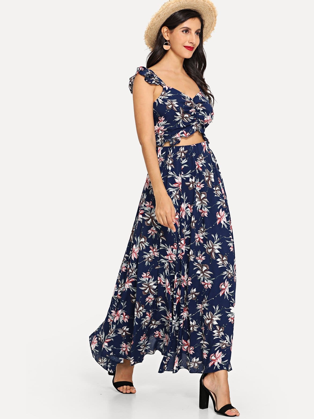 ruched ruffle floral top & skirt co-ord