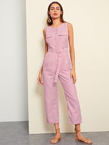 Button Front Rolled Hem Palazzo Striped Jumpsuit
