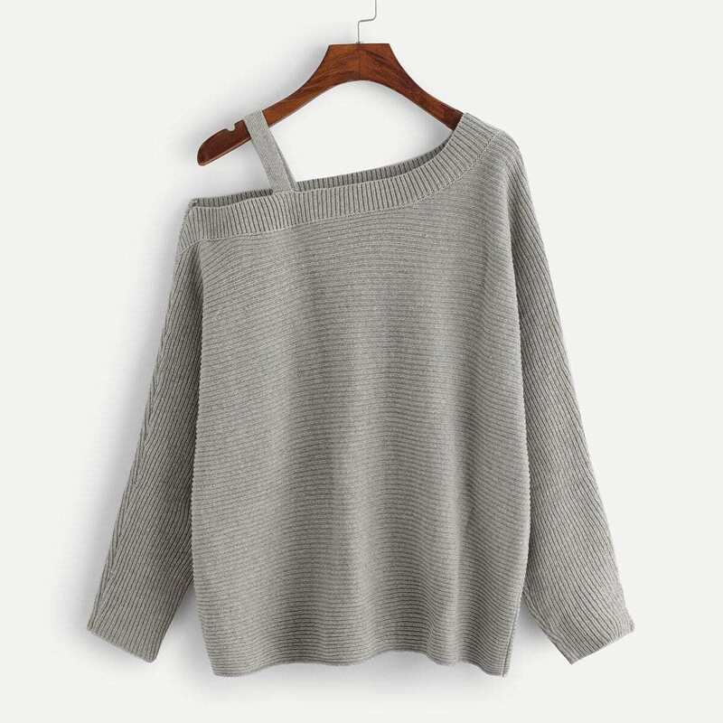 

Asymmetrical Shoulder Cut Out Sweater, Grey