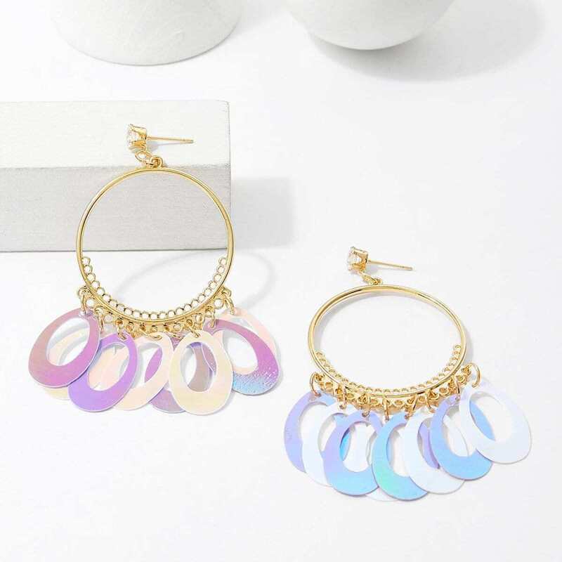 

Iridescence Disc Decorated Hoop Earrings 1pair, Colorful