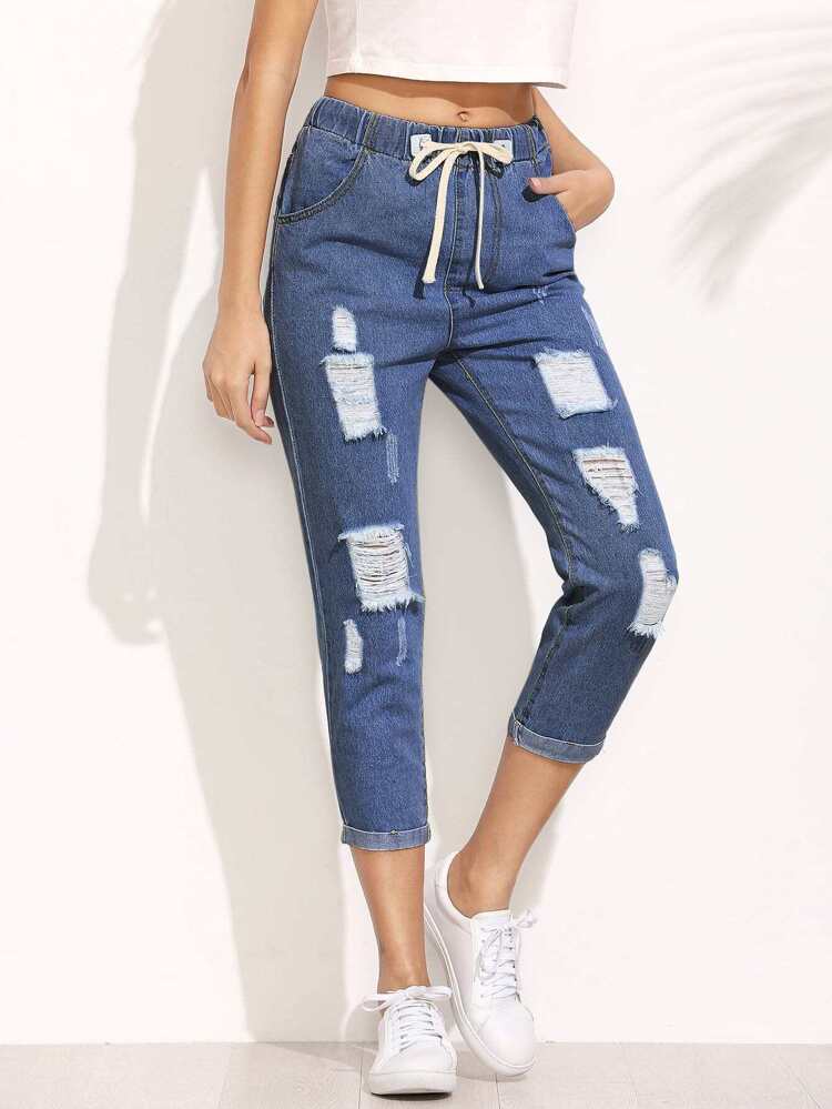 distressed drawstring waist cropped jeans