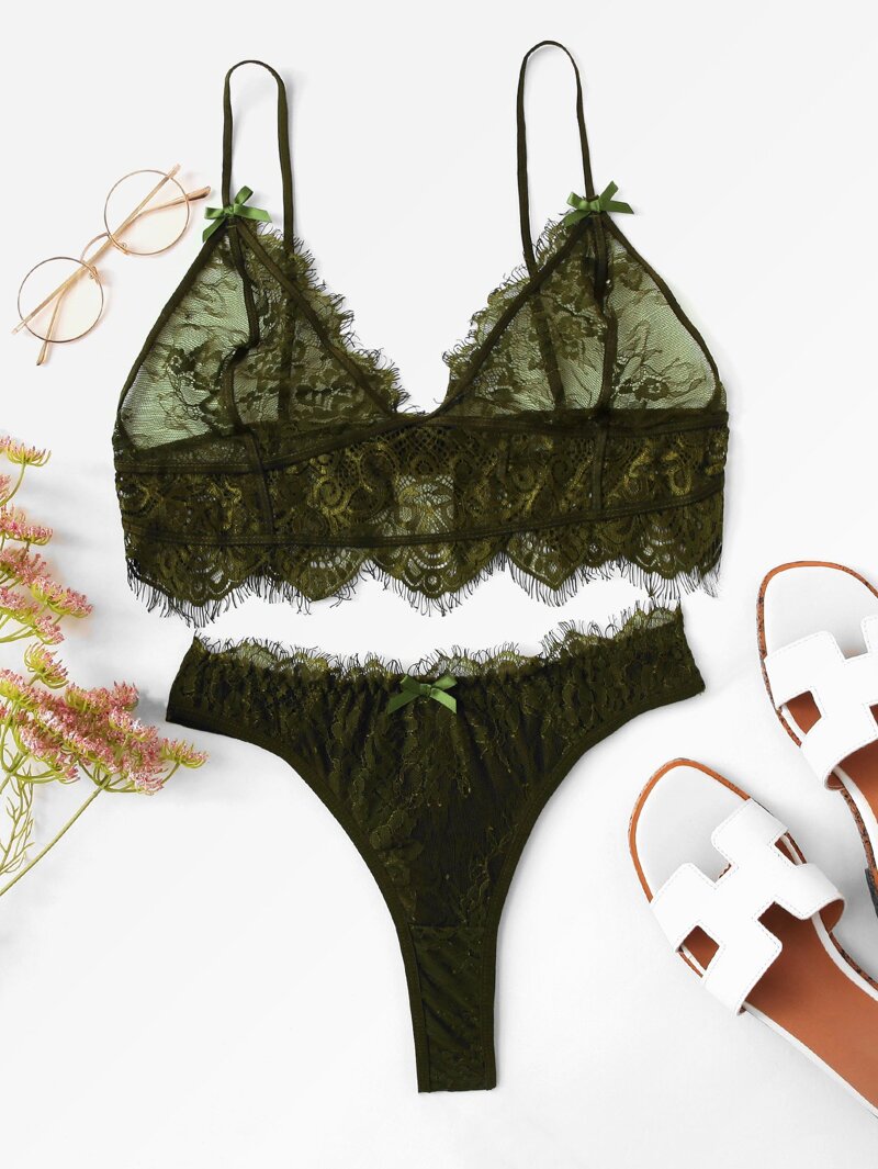 

Eyelash Lace Lingerie Set, Army green