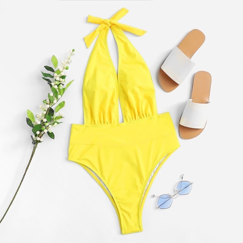 

Open Back Halter Swimsuit, Yellow bright