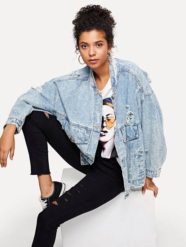 bleach wash ripped denim jacket