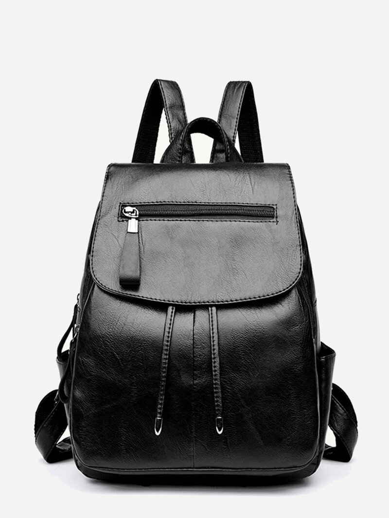 

Zip Front PU Flap Backpack, Black