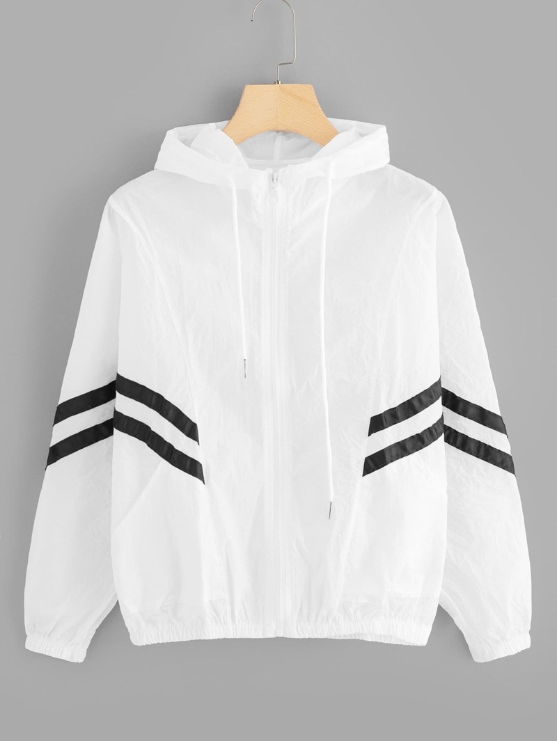 

Striped Tape Panel Drawstring Hooded Jacket, White