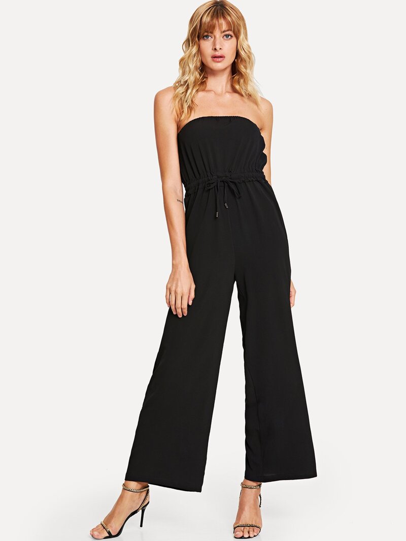 

Drawstring Waist Wide Leg Tube Jumpsuit, Black