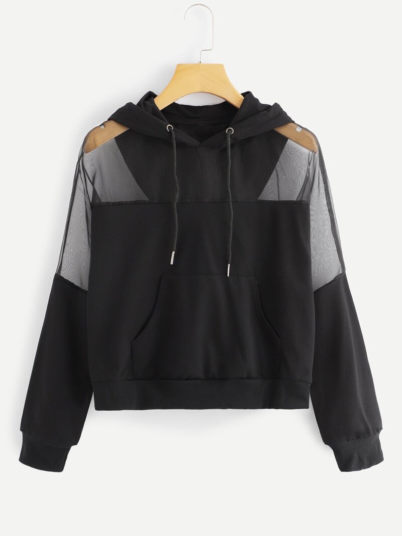 

Sheer Mesh Panel Solid Hoodie, Black