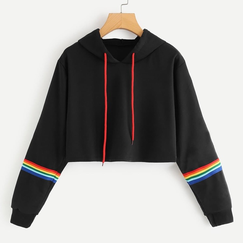 

Striped Tape Sleeve Drawstring Hoodie, Black