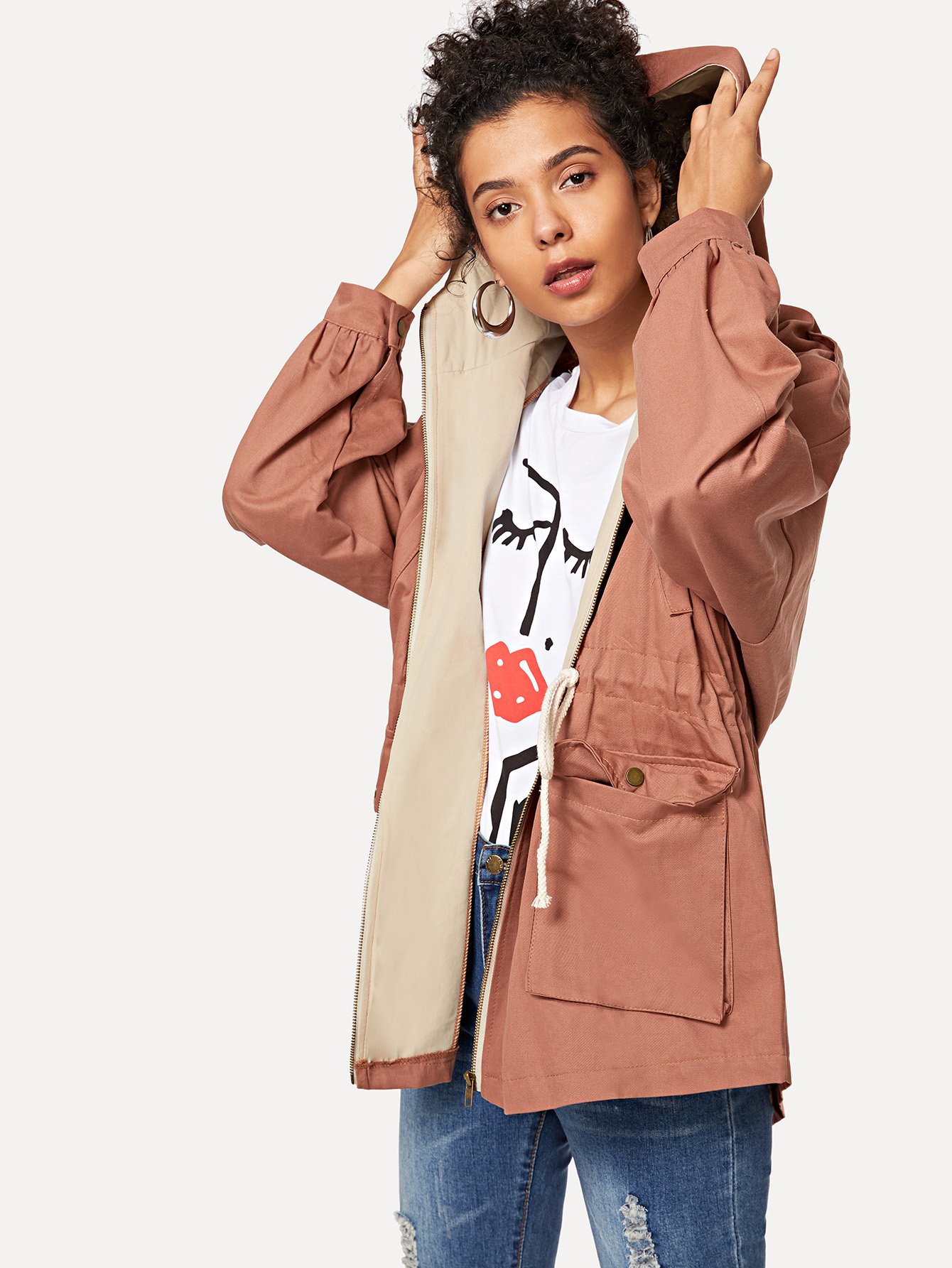 Manteau trapèze avec poche et ceinture | ROMWE Romwe Manteau Parka Femme Rouge Large: