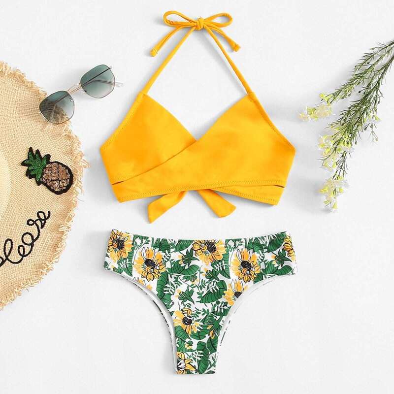 

Wrap Tie Back Top With Palm Print Bikini, Multicolor