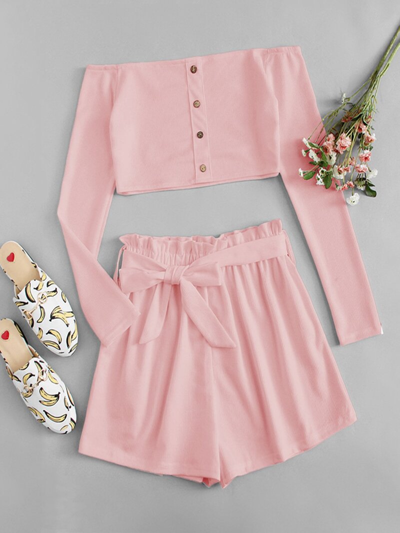 

Off Shoulder Single Breasted Top With Shorts, Pink