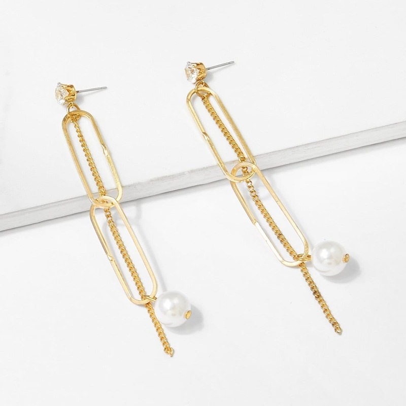 

Link Ring & Chain Detail Drop Earrings 1pair, Gold