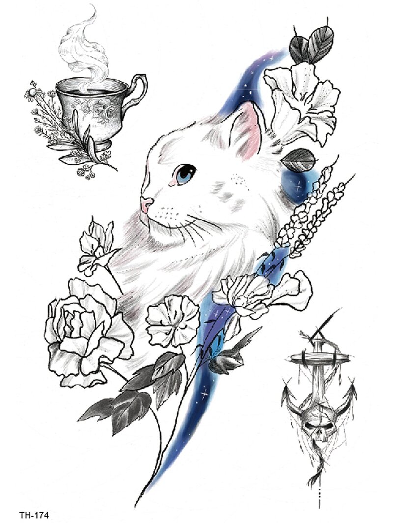 

Cat & Flower Tattoo Sticker, Black