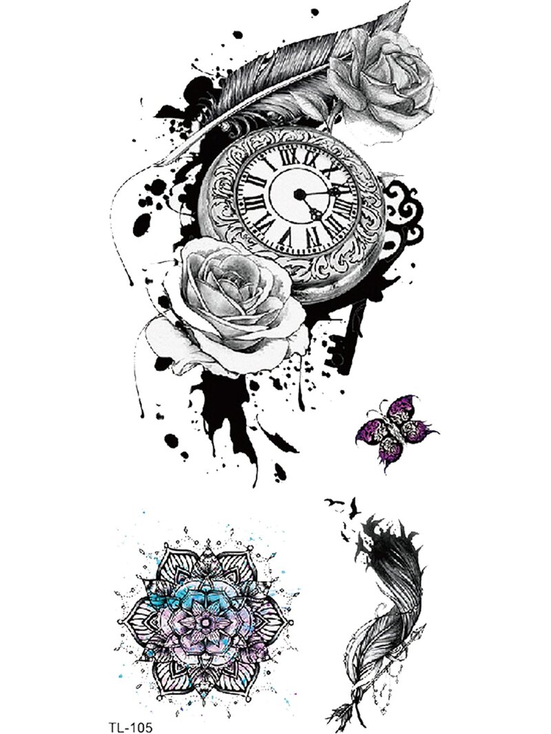 

Clock & Flower Tattoo Sticker, Black