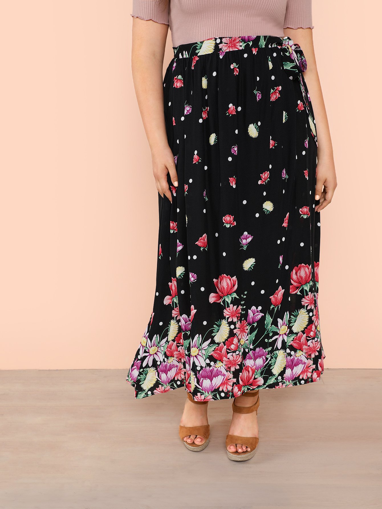 plus tie waist floral skirt -shein(sheinside)