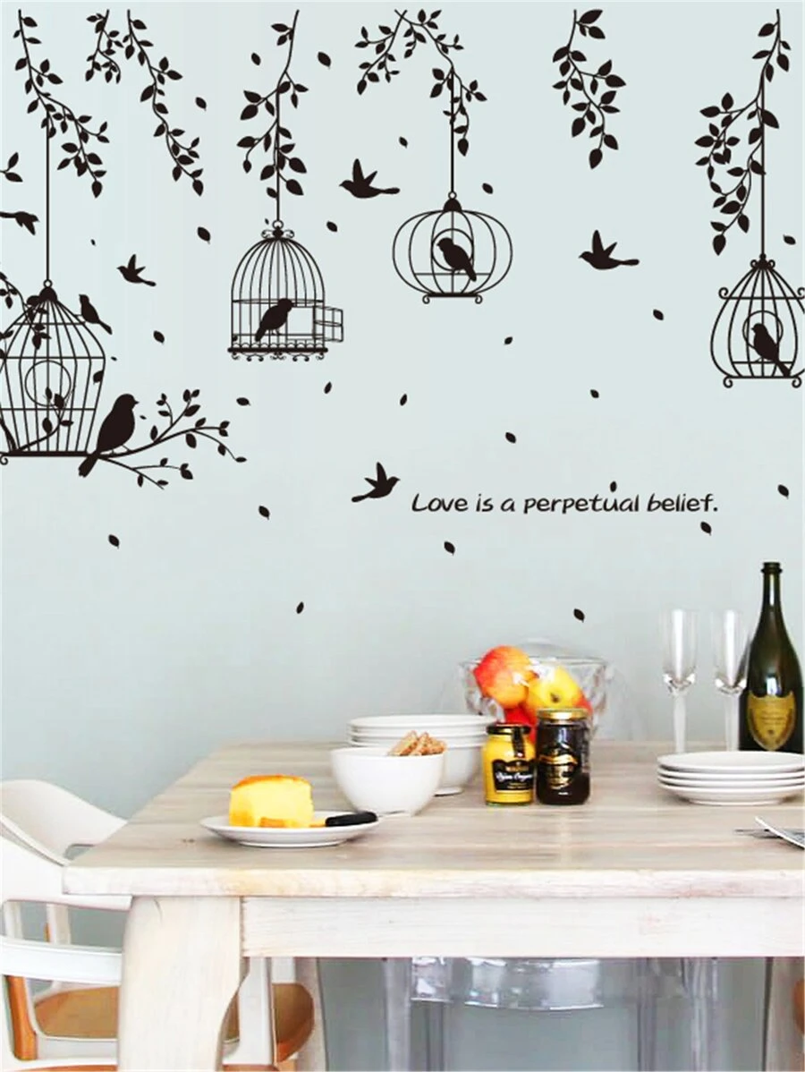 Cages & Bird Wall Sticker, Self Adhesive Wall Art Decal For Home Decor,Stickers,Wall Decal, Vinyl Decal For Home Decorations,Spring Decoration Items Refresh Your Home,Rama Decoration Stickers Gifts Birthday Graduation - Black - View 1