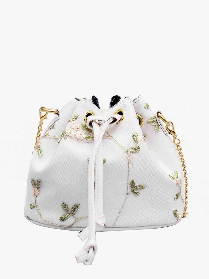 

Floral Embroidered Bucket Bag With Drawstring, White