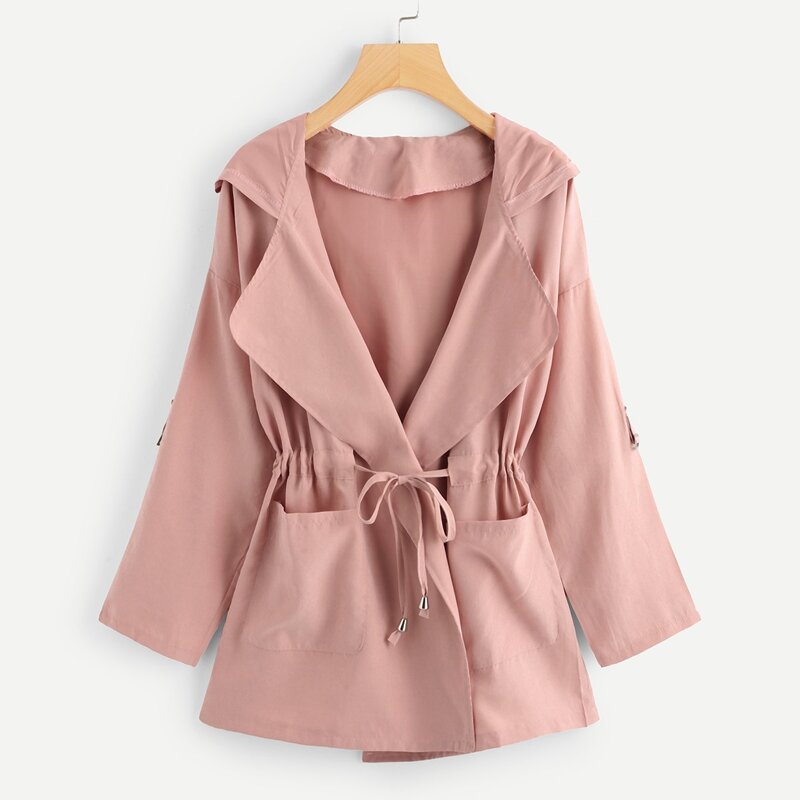 

Solid Drawstring Waist Hooded Coat, Pink