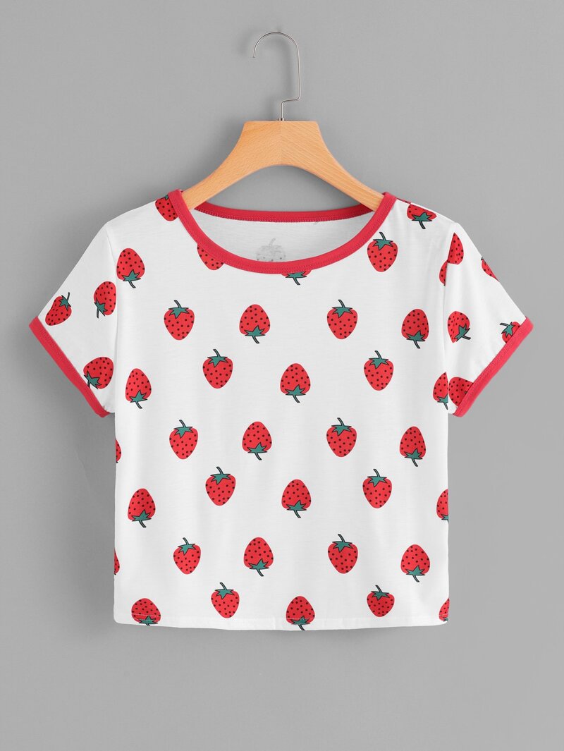 

Strawberry Print Ringer Tee, Beige