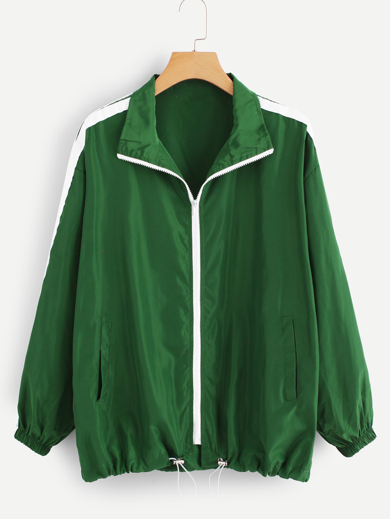 

Contrast Trim Drawstring Hem Jacket, Green