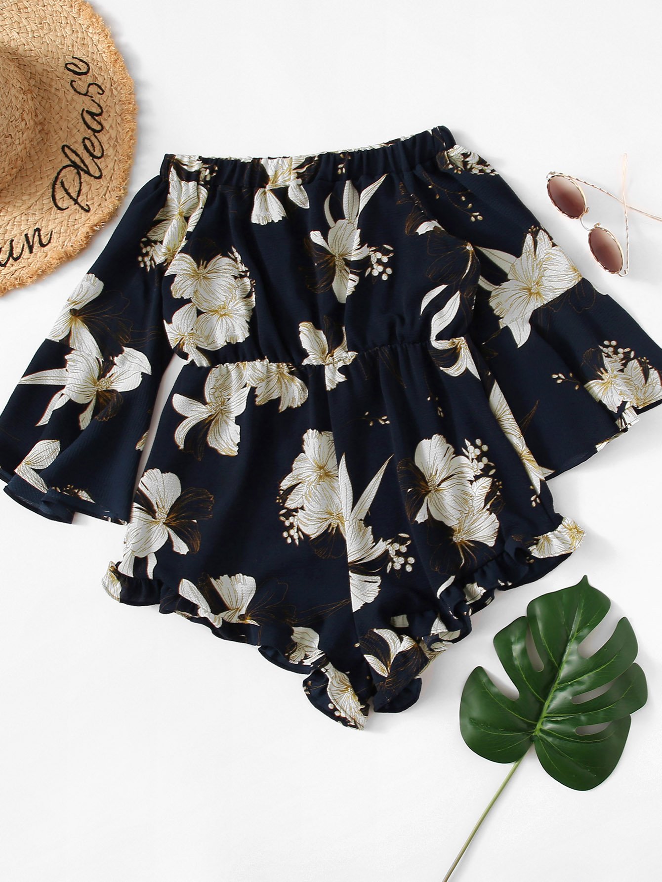 off shoulder floral print flounce sleeve jumpsuit