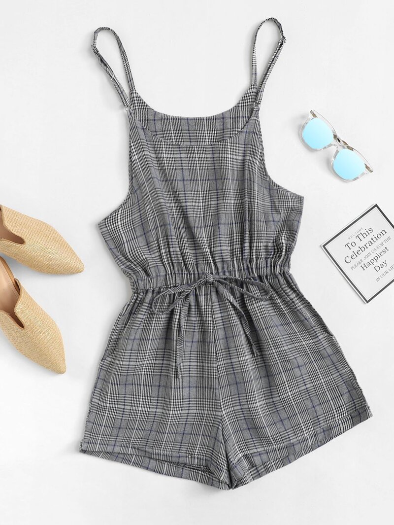 

Drawstring Waist Plaid Cami Romper, Grey