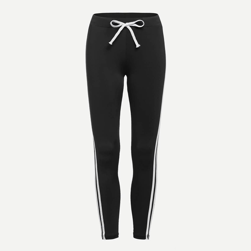 

Striped Tape Side Drawstring Pants, Black