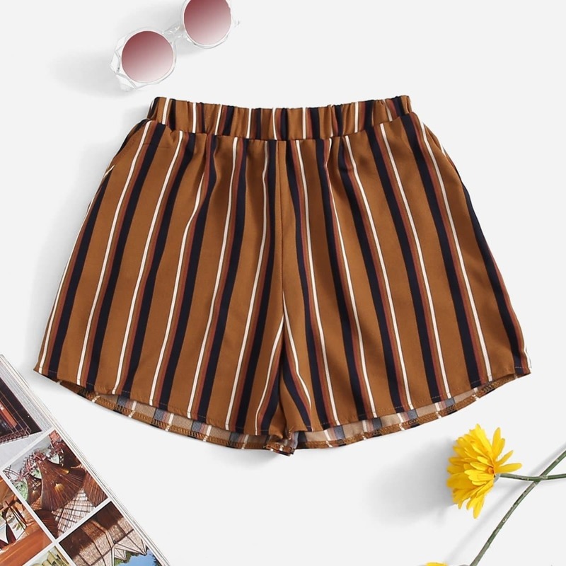 

Elastic Waist Striped Shorts, Khaki