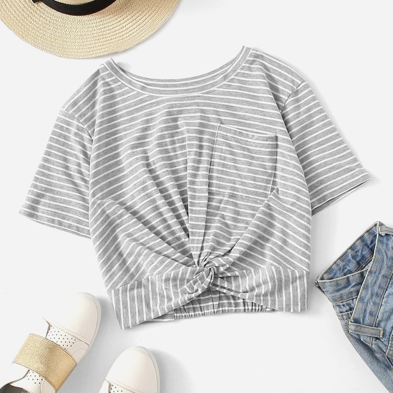 

Twist Front Striped Crop Tee, Grey