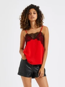 Red Lace Trim Cami - Red - View 1