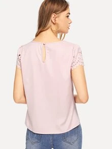 SHEIN Clasi Scallop Laser Cut Sleeve Buttoned Keyhole Back Top