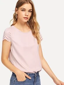 SHEIN Clasi Scallop Laser Cut Sleeve Buttoned Keyhole Back Top