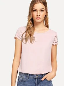 SHEIN Clasi Scallop Laser Cut Sleeve Buttoned Keyhole Back Top