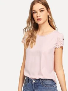 SHEIN Clasi Scallop Laser Cut Sleeve Buttoned Keyhole Back Top