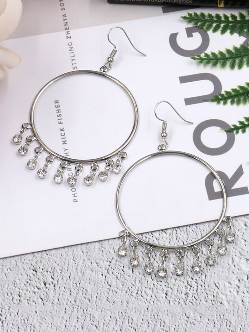 

Rhinestone Tassel Hoop Earrings, Silver