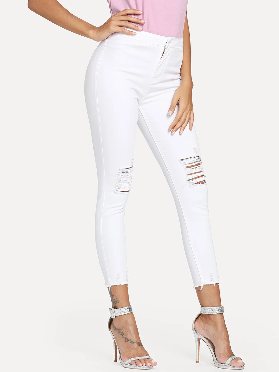 SHEIN ג'ינס קרעים - לבן - ראה 1