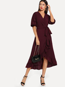 Solid Ruffle Hem Tie Waist Dress