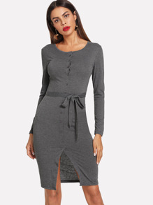 Solid Tie Waist Split Front Dress
