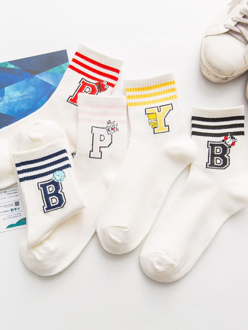 

Striped & Letter Socks 5pairs, Multicolor