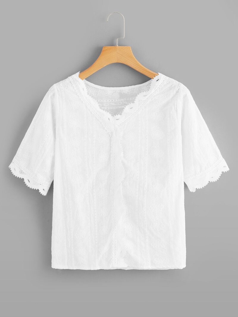 

Lace Panel Trim Embroidery Top, White