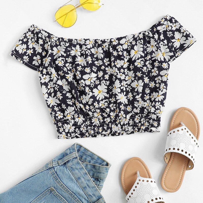 

Off Shoulder Tie Neck Floral Blouse, Multicolor