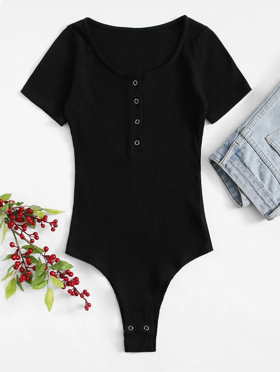 SHEIN Unity Solid Ring Detail Bodysuit - Black - View 1
