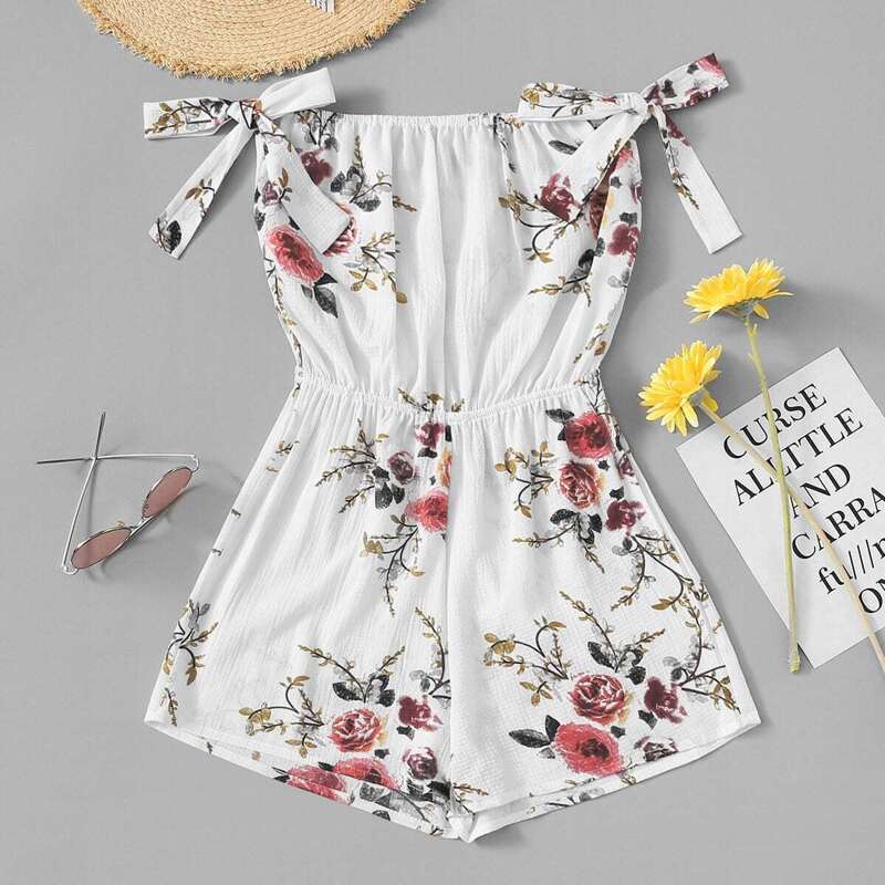 

Floral Print Knot Side Romper, White