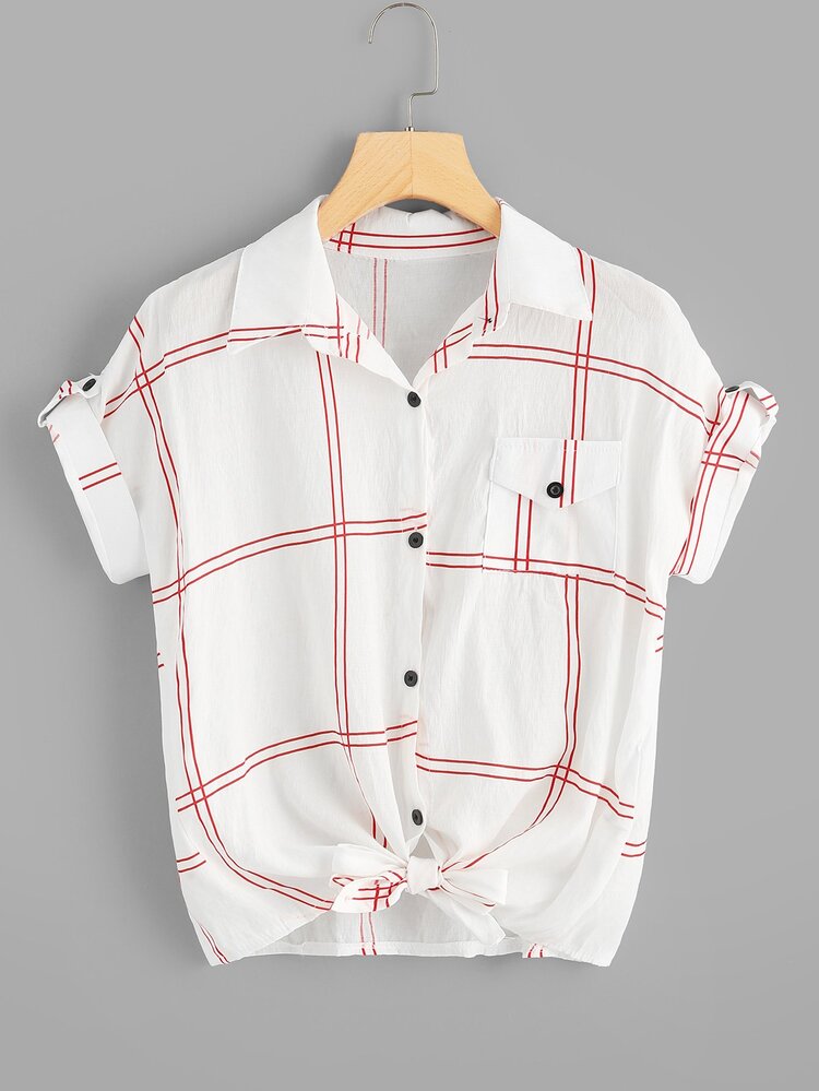Knot Hem Plaid Shirt - White - View 1