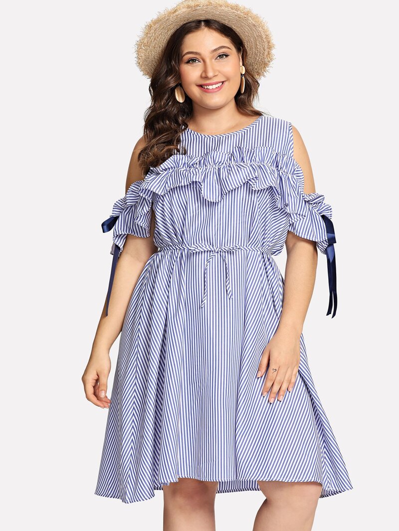 

Plus Cold Shoulder Ruffle Striped Dress, Blue, Carol