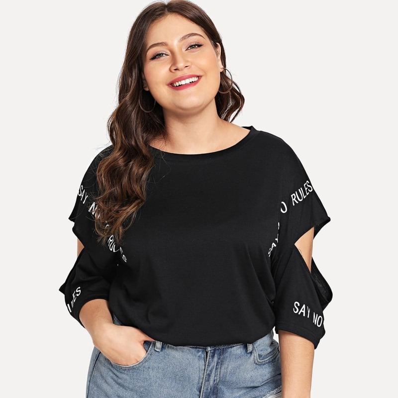 Plus Cold Shoulder Letter Print Tee, Black