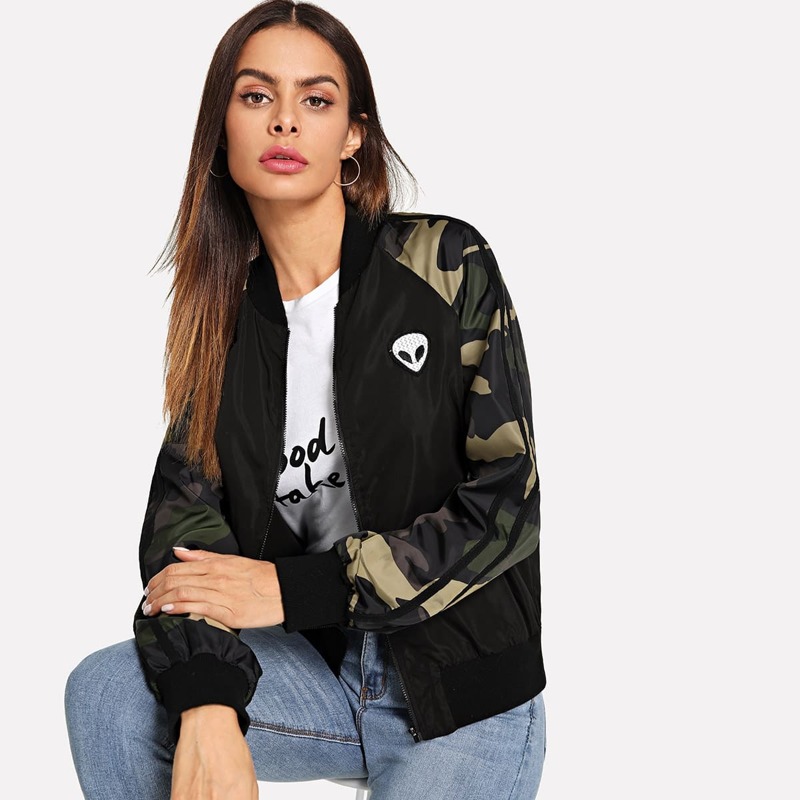 

Zip Up Camo Sleeve Bomber Jacket, Multicolor